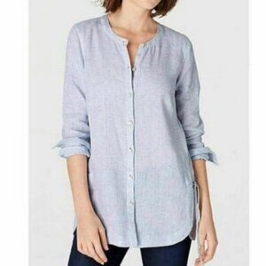 J. Jill Love Linen Side Tie Tunic Top Shirt 100% Linen Blue White Pin Stripe‎ XS